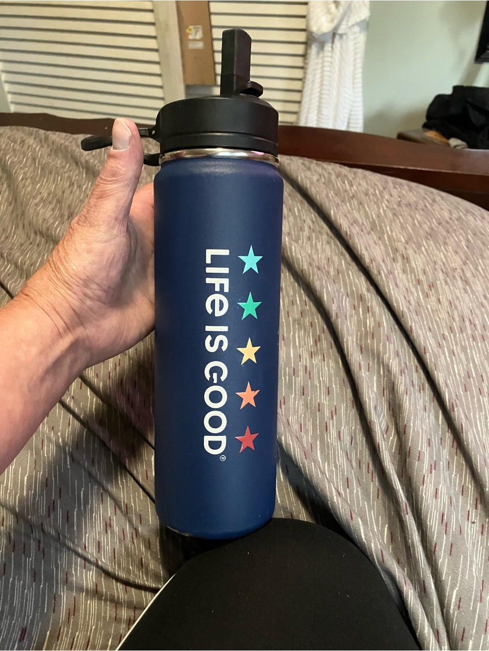 Life is Good Navy Stainless Steel Water Bottle with Straw Lid